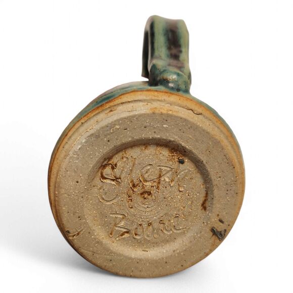 Handmade Pottery Creamer Pitcher, Clay Pottery, 3" Wide, Glazed Tan Teal, Signed - Picture 7 of 8